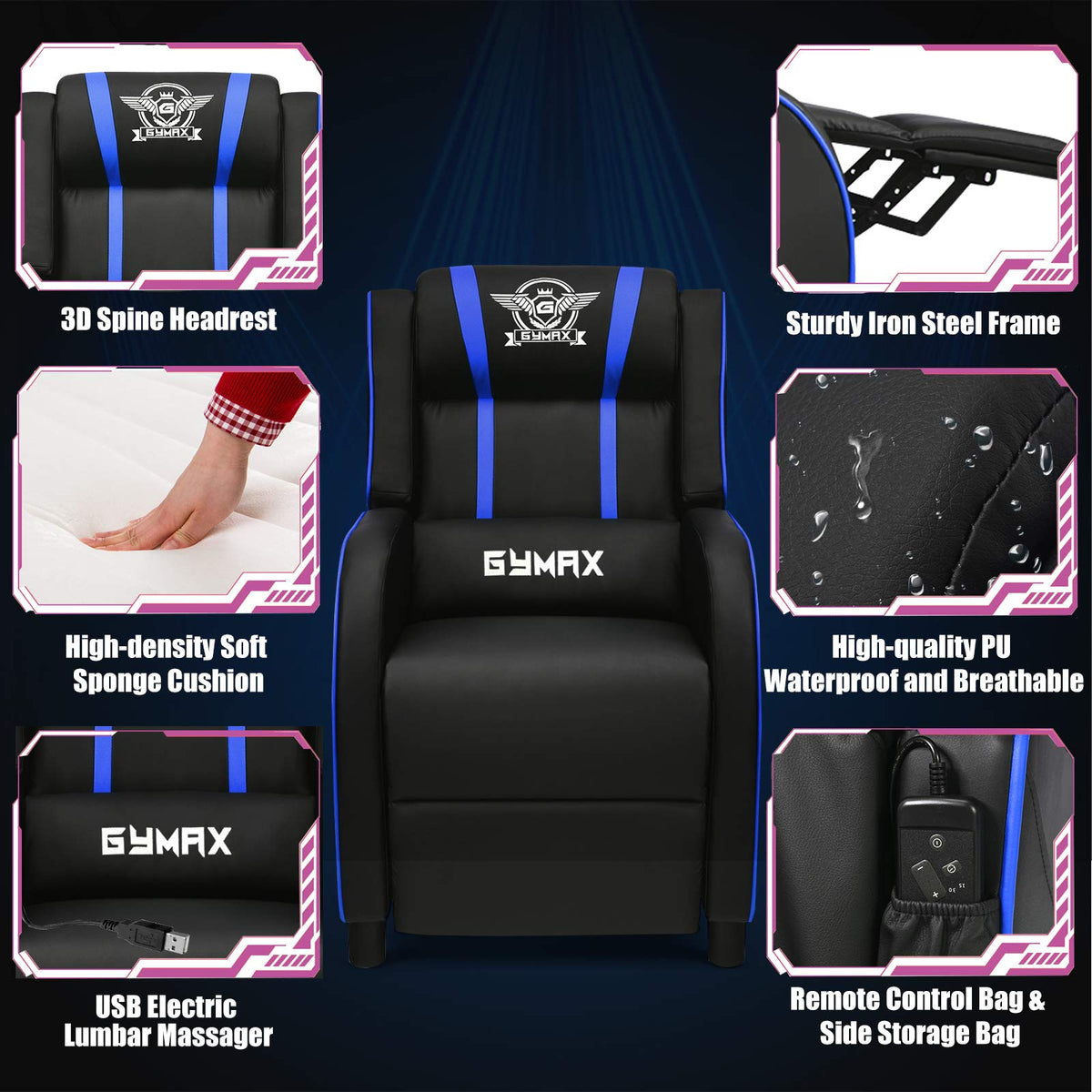 POWERSTONE Gaming-Sessel, verstellbarer Relaxsessel mit Fußstütze & Lendenkissen, Kunstleder, Blau