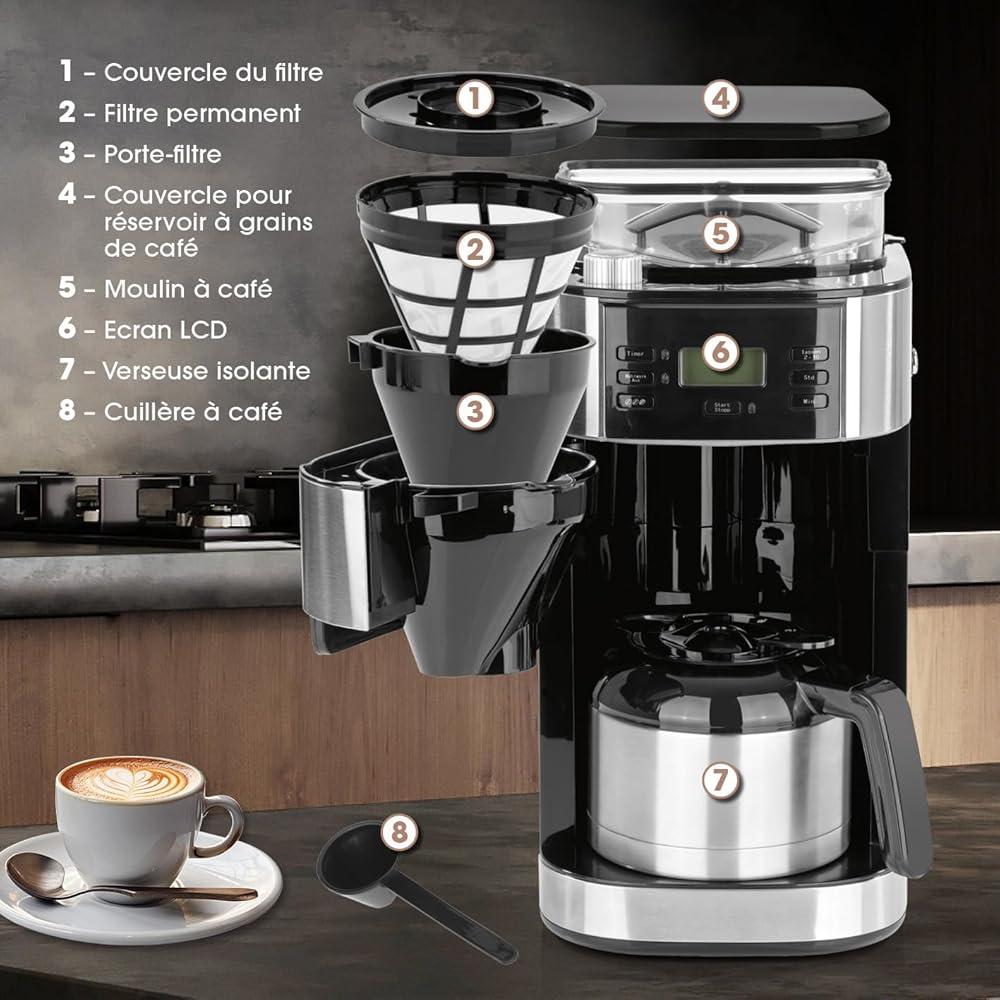 Barista Cafetière Filtre avec verseuse Isotherme 1L pur 12 tasses de café, Machine a cafe grain avec broyeur et écran digital, Fonction de minuterie : Cuisine et Maison