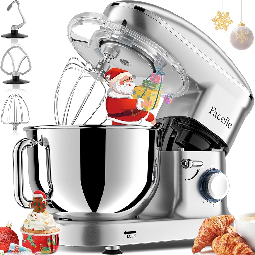 Robot Pâtissier 1500W Facelle Petit électroménager 6,2 L,avec Crochet Pétrisseur,Batteur,Fouet à Fil,protection contre les éclaboussures,pour la cuisson,les gâteaux (Argent) : Cuisine et Maison