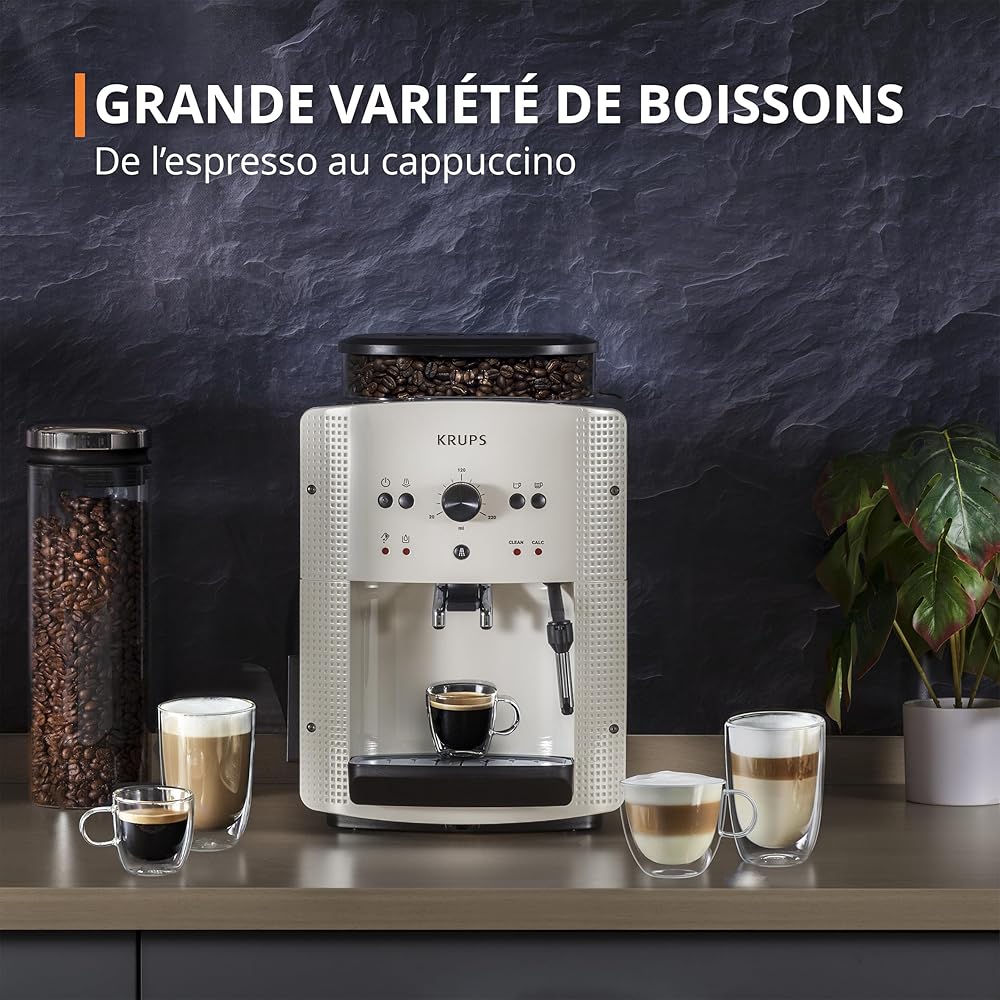 Krups Machine à café broyeur grain, 2 expresso simultanés, Nettoyage automatique, Buse vapeur Cappuccino, Essential blanche EA810570 : Cuisine et Maison