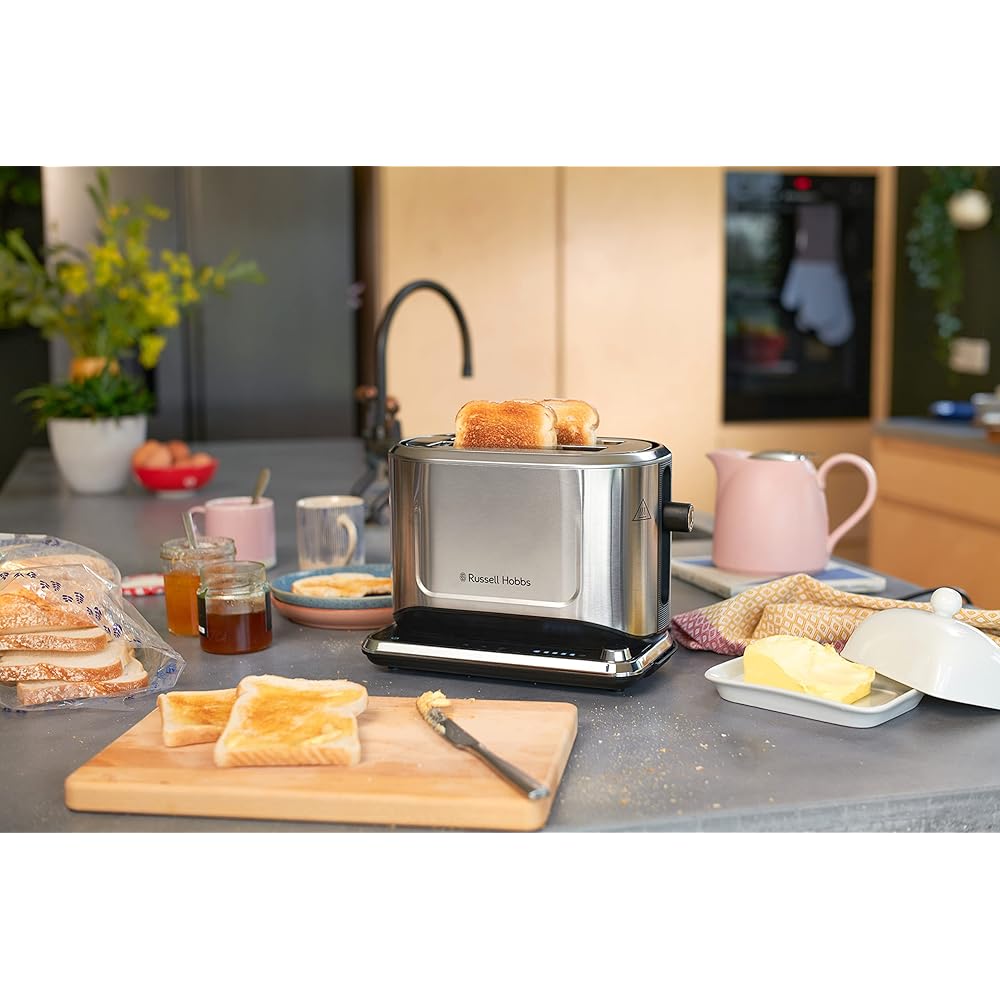 Russell Hobbs Grille Pain [Programmable] Attentiv (Fentes extra larges, Tactile, mémorisele brunissage, Tout type de pain, Surélévation, Chauffe Viennoiserie,Tiroir Ramasse Miettes) Toaster 26210-56 : Cuisine et Maison