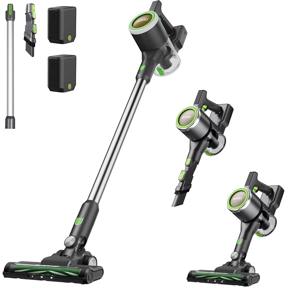 EUREKA NEC370 Aspirateur Balai sans Fil, Aspirateur sans Fil 300W, Aspiration de 90AW, Balai Aspirateur avec 2 Batteries Amovibles, Autonomie de 40x2 Min pour Sols Durs, Tapis et Poils d'animaux : Cuisine et Maison