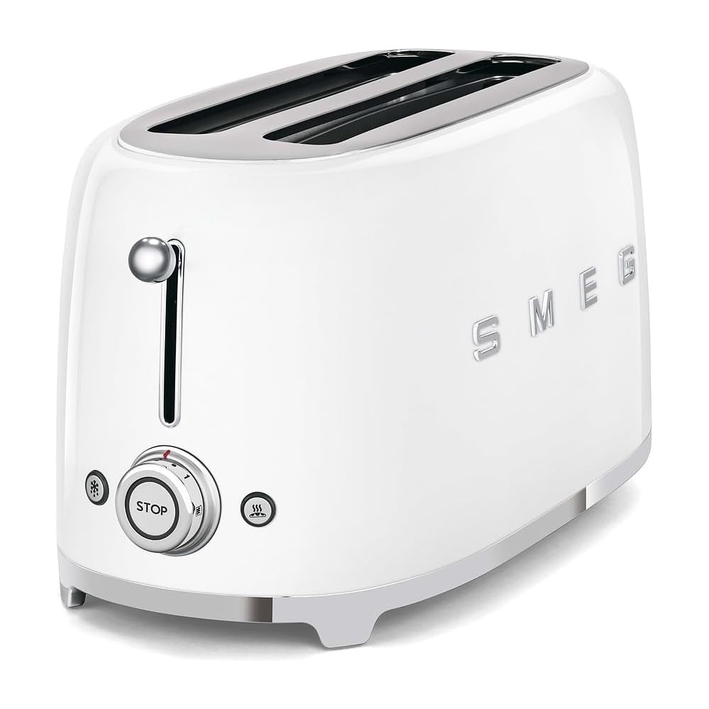 Smeg, Grille-pain 4 Tranches TSF02WHEU, 2 Fentes 36 mm, 6 Niveaux de Brunissage, Fonction Chauffage, Décongélation et Bagel, Éjection Automatique du Pain, Ramasse Miettes, 1500 W, Blanc : Cuisine et Maison