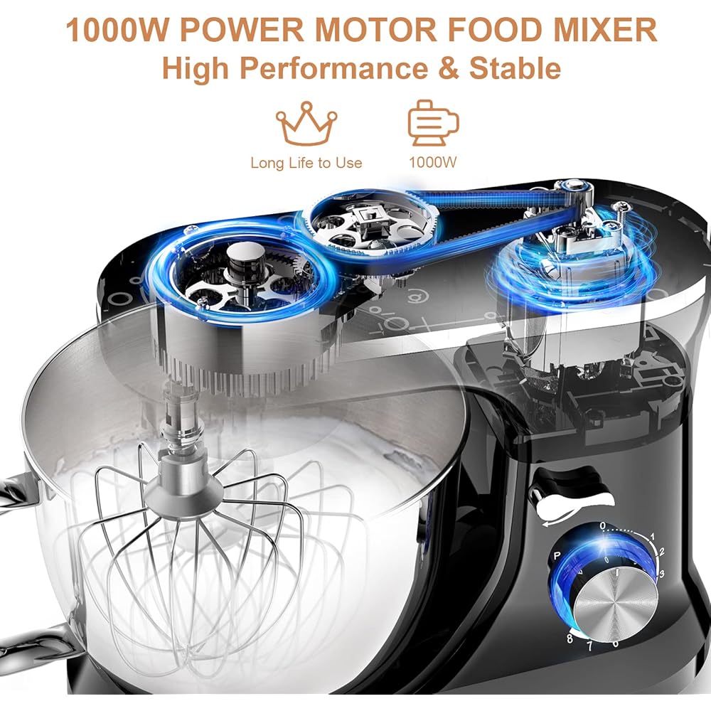Robot Pâtissier Multifonctions, Vospeed Robot de Cuisine 1000W 5QT avec Fouet, Crochet Pétrisseur, Fouet à Gâteau, bol en acier Inoxydable, Pare-Éclaboussures (Noir) : Cuisine et Maison