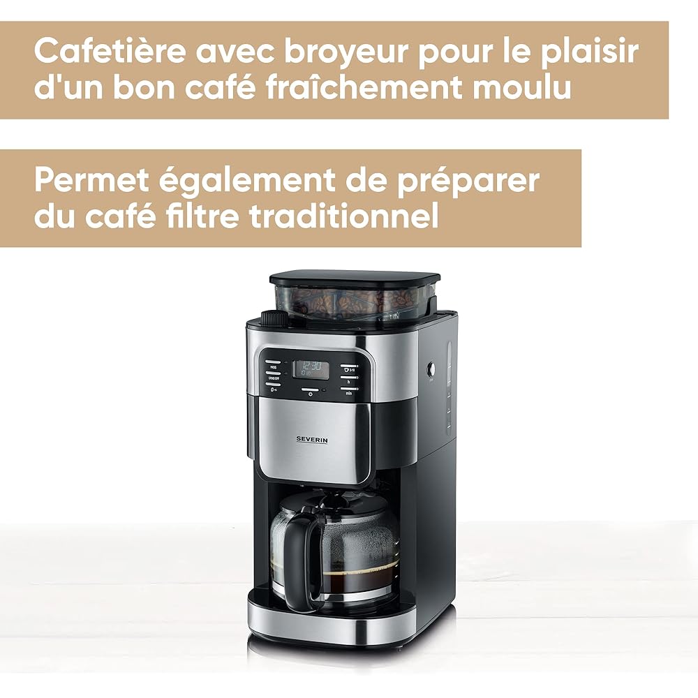 SEVERIN Cafetière avec broyeur intégré 1 000 W, Machine à café programmable avec minuteur, Cafetière filtre avec verseuse en verre d'une contenance de 10 tasses, Noir/Inox, KA 4810 : Cuisine et Maison