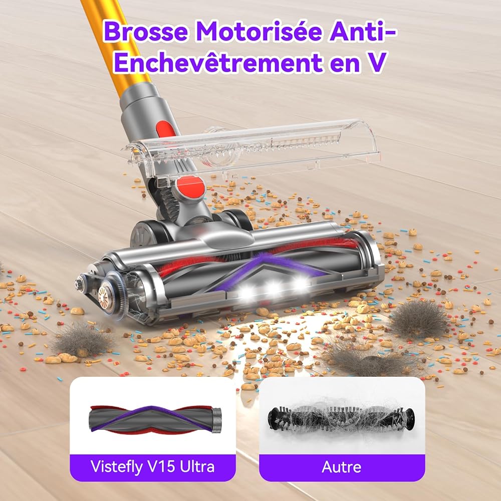 Vistefly V15 Ultra Aspirateur Balai sans Fil, 600W/48Kpa/70Mins Aspirateur sans Fil Puissant avec Écran Double, Design à Double Conteneur Aspi pour Sols Durs Poils d'animaux Tapis : Cuisine et Maison