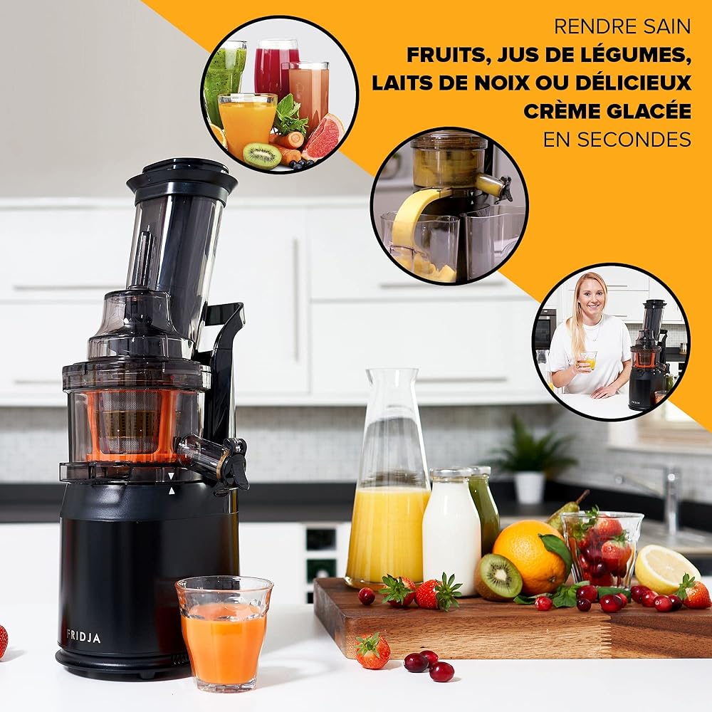 Jus de Fruits et Légumes à Mastication Lente, Slow Juicer, Jus Frais et Santé, Sorbet, Crème Glacée, Bouche 75 mm, sans BPA, 240 Watts, Pression à Froid, Acier Inoxydable Noir Fridja f1900 : Cuisine et Maison