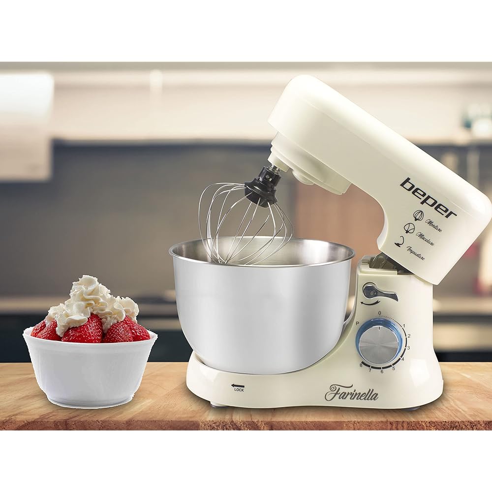 Beper BP.200 Robot pâtissier planétaire, puissance 1000 W, récipient en acier inoxydable de 4,5 L, pour pétrir, amalgamer et monter à neige, couleur crème : Cuisine et Maison