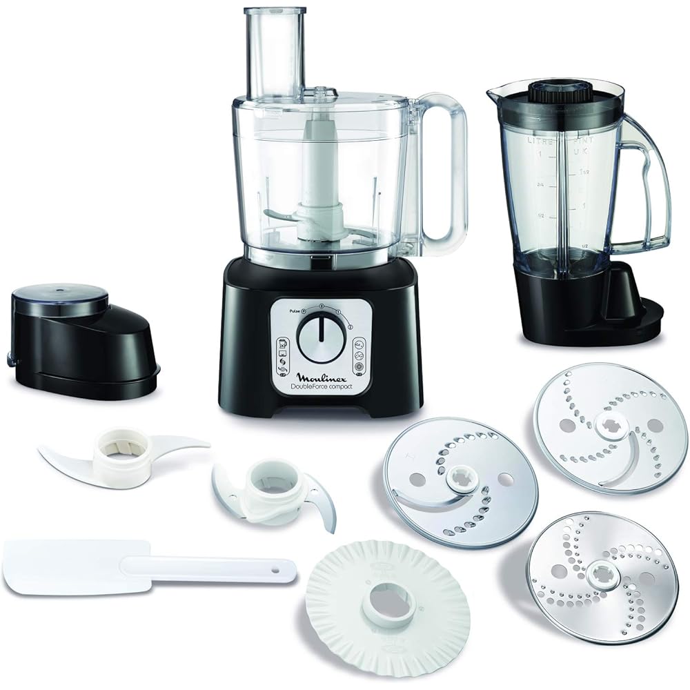 Moulinex Double Force Compact Robot multifonction, Bol 3 L, Blender 1,25 L, 6 options de vitesse, 9 accessoires inclus FP546811, Noir / Gris Foncé : Cuisine et Maison