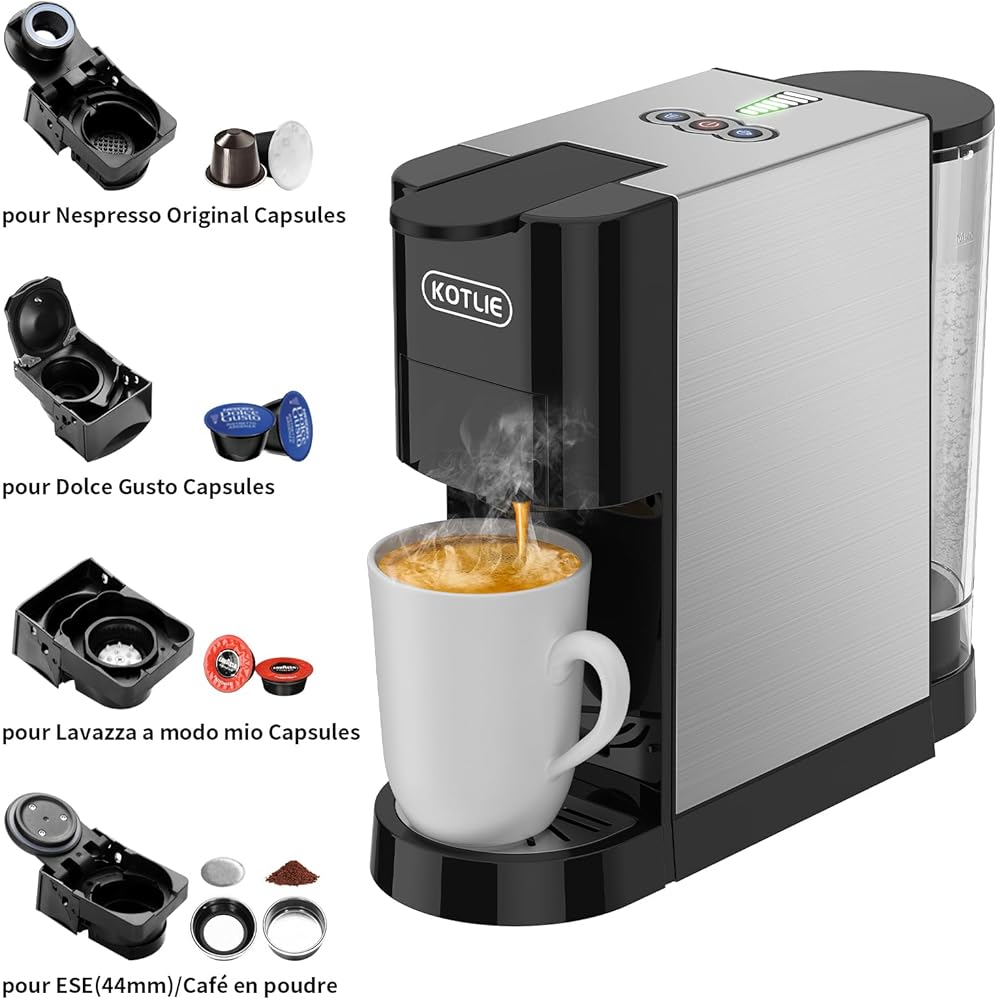 KOTLIE AC-513HF Machine à café multifonctionnelle 5-en-1 pour NES/pour DG/Café en poudre/ESE Pads (44 mm)/pour a modo mio, convient aux bonnets hauts (Noir) : Cuisine et Maison