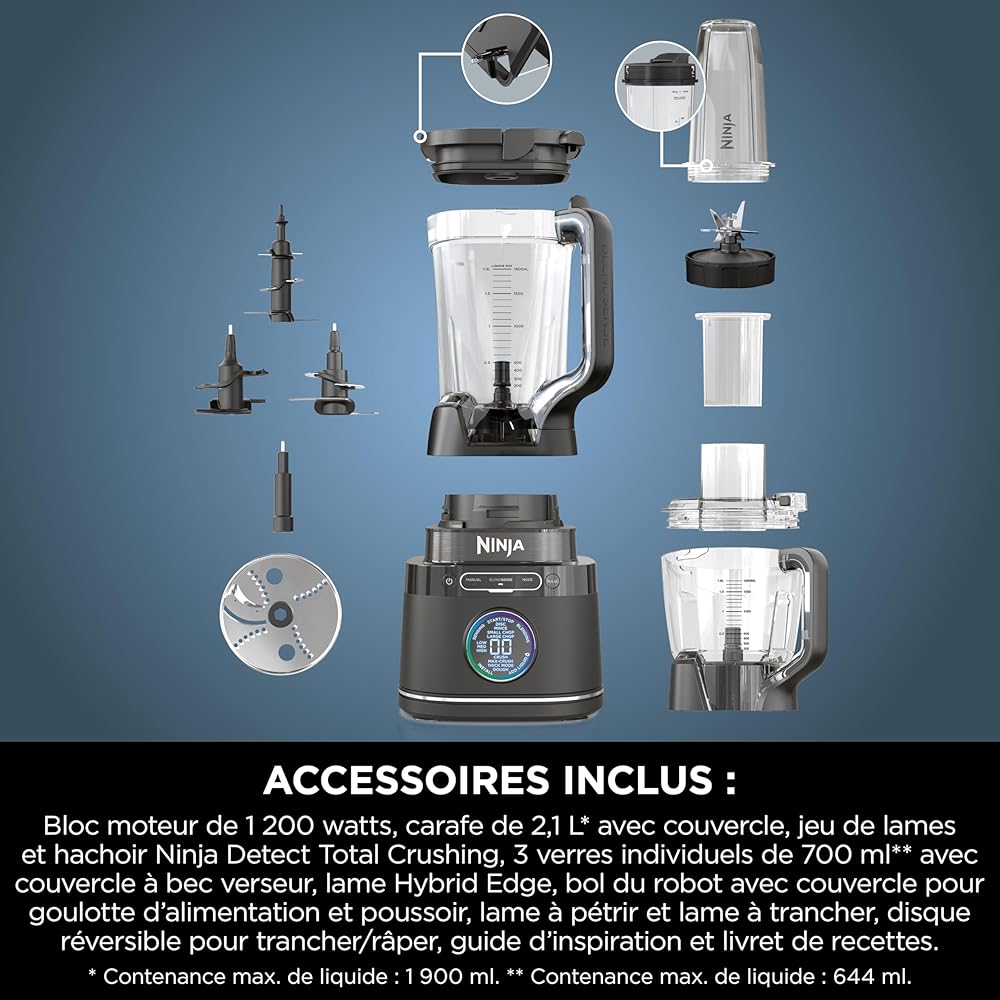 Ninja Detect Power Blender Processor Pro 3-en-1, mixeur 1200W, bol à mélanger, lame malaxeur, gobelet individuel, récipient, pétrir, mixer, hacher et mélanger, noir, TB401EU : Cuisine et Maison