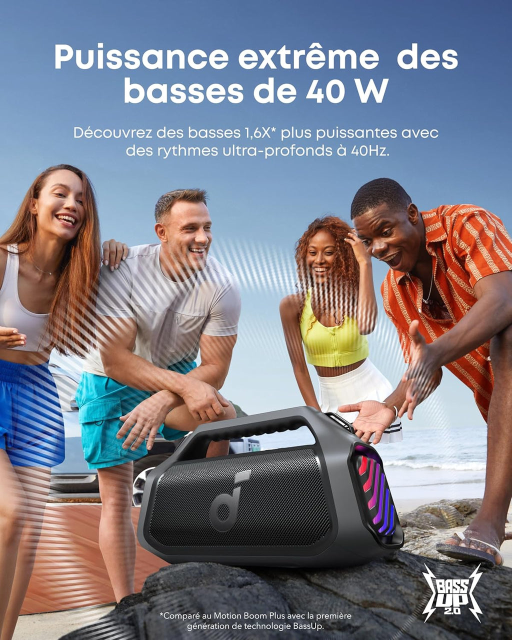 Boom 2 Plus Enceinte Bluetooth puissante, 140W, 2 2 canaux stéréo, BassUp 2.0, IPX7