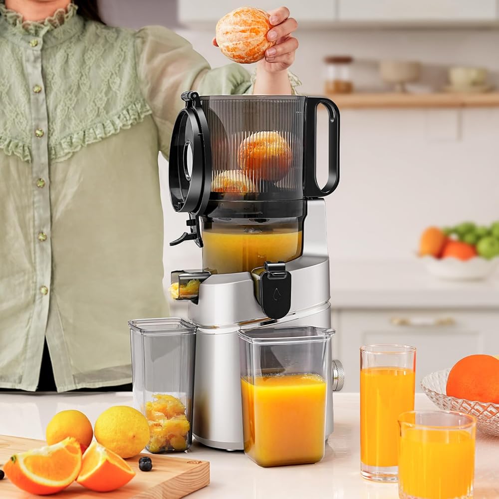 AMZCHEF Extracteur de jus automatique Vos mains libres, Ouverture de 135 mm et capacité de 1,8 L Extracteur de jus de fruits et légumes entiers, Extracteur jus lent de 250W avec triple filtre - Argent : Cuisine et Maison