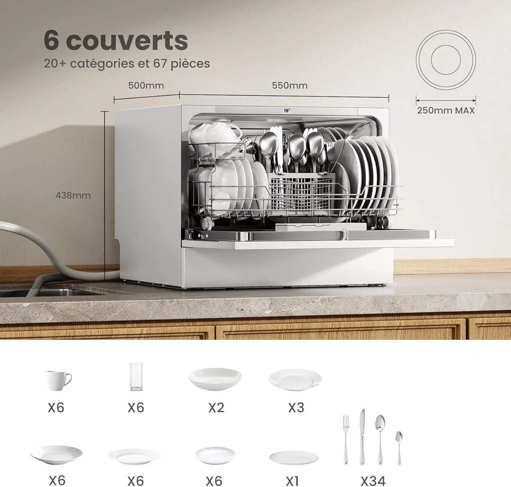 TD602E-W Lave-vaisselle compact pose libre, écran LED, 6,5 litres, blanc