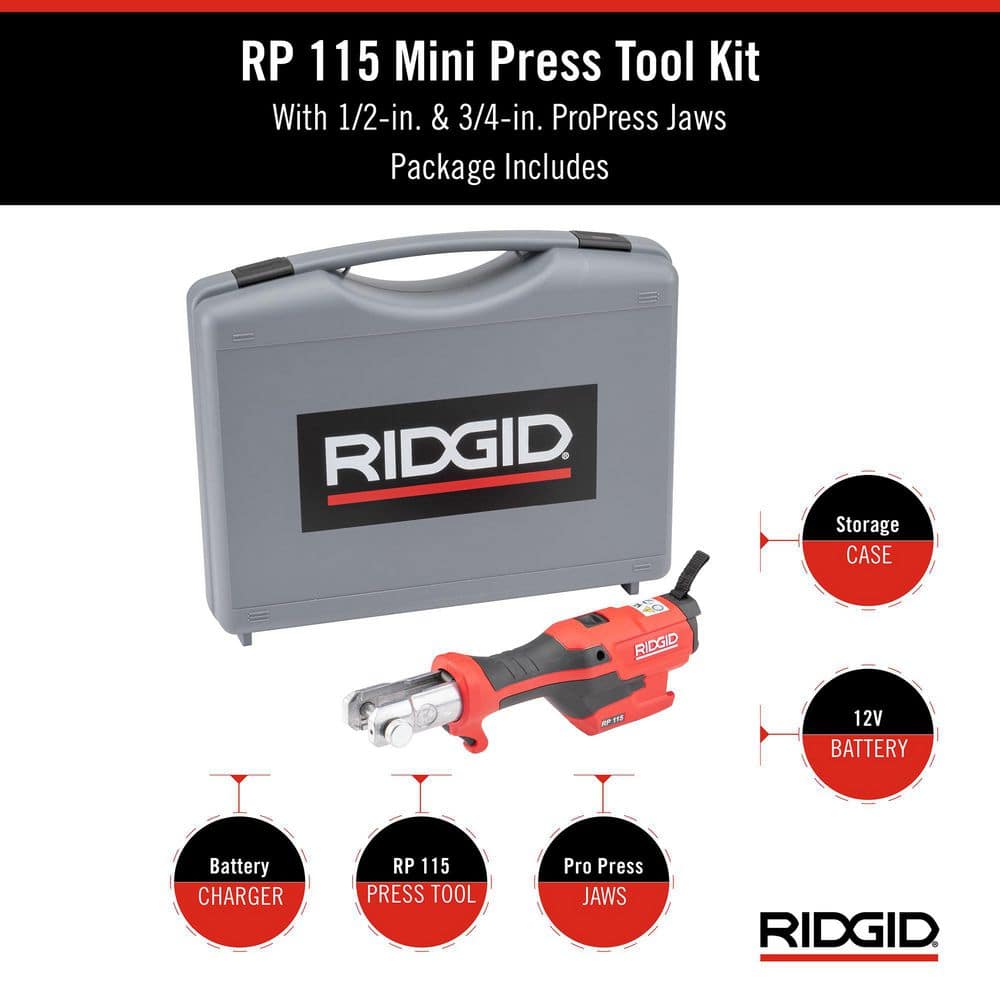 RP 115 Mini Press Tool Kit for 1/2 in. - 3/4 in. Copper & Stainless Fittings with 12V Li-Ion Battery (Includes 6 Items) 72553