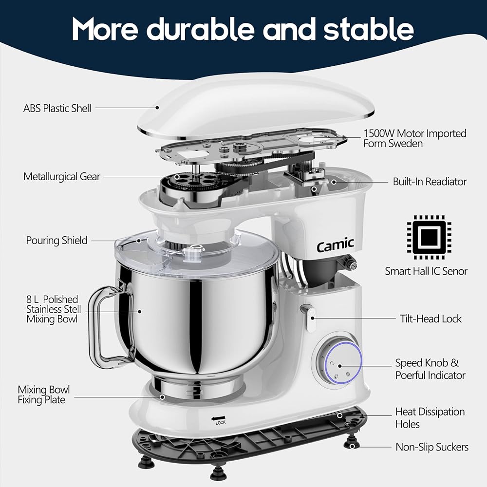 Camic Robot Pâtissier Multifonctions, Pétrin 8L 1500W Puissant, Robot de Cuisine avec Crochet Pétrisseur, Batteur, Fouet à Fil, Couvercle, Compatible Lave-vaisselle : Cuisine et Maison
