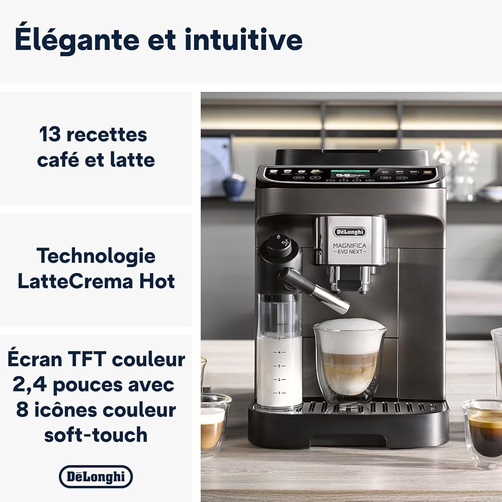 De'Longhi Magnifica Evo Next ECAM312.80.TB, Machine Café Automatique, Machine Café Grains pour Café et Cappuccino avec Écran Tactile Intuitif, 1450W, Noir/Titane : Cuisine et Maison