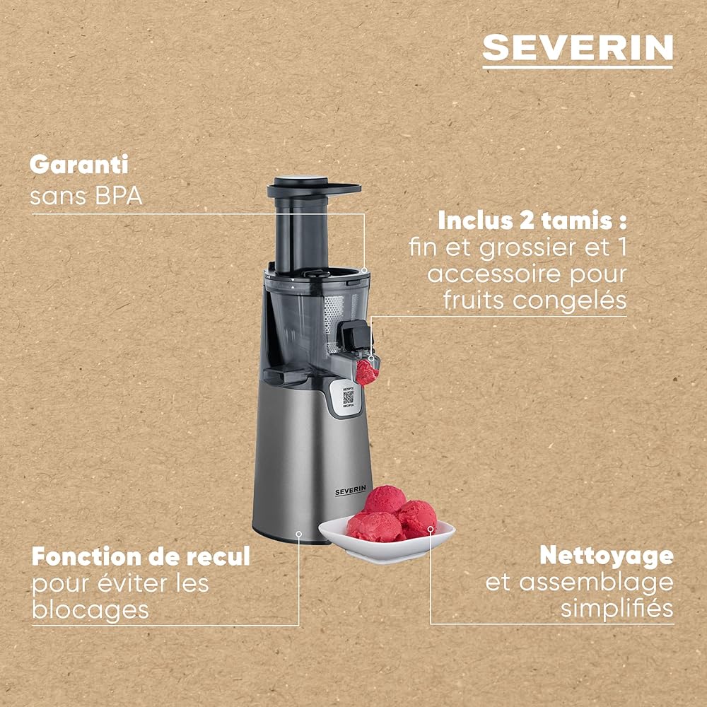 SEVERIN Slow Juicer - Centrifugeuse pour jus, sorbets, glaces, confitures et autres, presse-agrumes électrique en acier inoxydable, nettoyage facile, bac de récupération de 1L, 150 Watt, ES 3571 : Cuisine et Maison