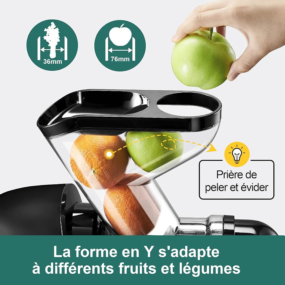 Fretta Extracteur de Jus à Pression à Froid, Goulotte d'alimentation Large de 76 MM, Presse-agrumes à Froid sans BPA, Extracteur de Jus de Fruits et Légumes, Recettes de Jus Incluses (Noir) : Cuisine et Maison