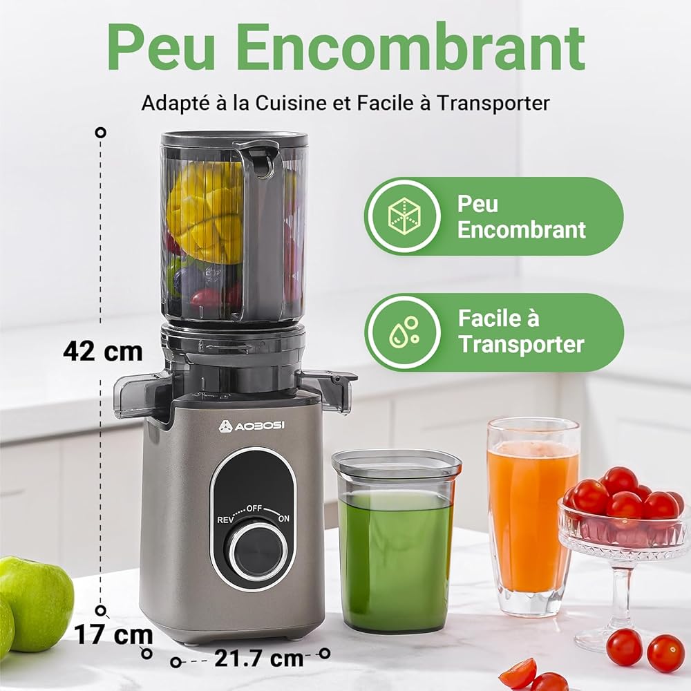 AAOBOSI Extracteur de Jus, Extracteur de Jus de Fruits et Légumes Ouverture de 110 mm, Fonction de Mastication Inversée,Sans BPA, avec 2 Tasses et Brosse, adapté à tous les Fruits et Légumes : Cuisine et Maison