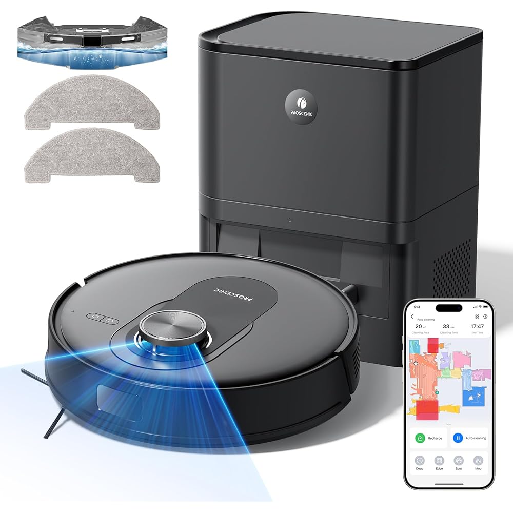 Proscenic Neuf Q8 Max Robot Aspirateur Laveur avec Station 5000Pa,Aspirateur Robot Navigation Lidar Multi-étage Cartographie,Connecté App/Alexa/Siri/IFTTT,200 mins pour Poils Animaux Tapis Sols Durs : Cuisine et Maison