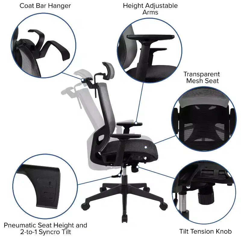 Flash Furniture Ergonomic Mesh Office Chair with Synchro-Tilt, Pivot Adjustable Headrest, Lumbar Support, Coat Hanger and Adjustable Arms