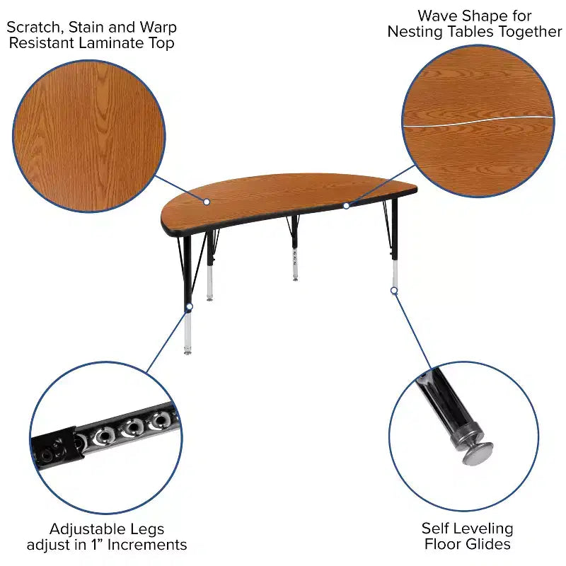 Flash Furniture 47.5 Half Circle Wave Flexible Collaborative Thermal Laminate Activity Table - Height Adjustable Short Legs