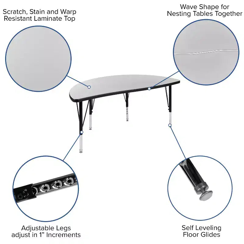 Flash Furniture 47.5 Half Circle Wave Flexible Collaborative Thermal Laminate Activity Table - Height Adjustable Short Legs