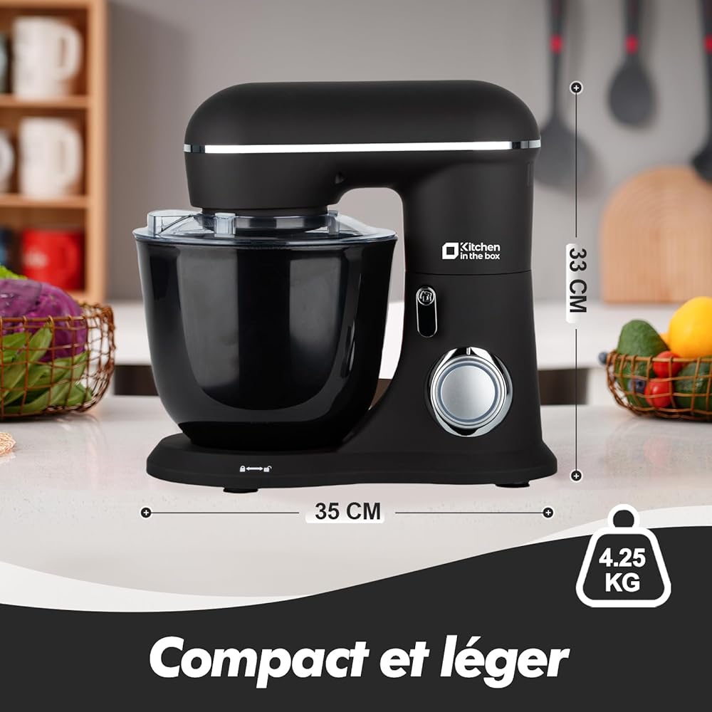 Kitchen in the box Robot Pâtissier, 4.5L+5L 2Bols Robots de Cuisine, 10 Vitesses Batteur Electrique Cuisine, 1300W Pétrin Professionnel avec Fouet, Batteur, Crochet (Noir) : Cuisine et Maison