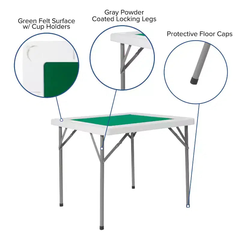 Emma and Oliver Tannin 34.5 Square White Folding Card Game Table for 4-Players with a Green Felt Playing Surface and Cup Holders