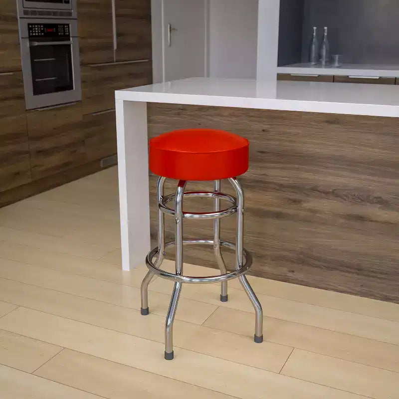 Emma and Oliver Retro Backless Double Ring Chrome Restaurant Dining Barstool