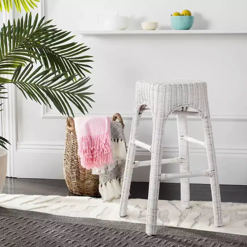 Percy Wicker Bar Stool - WIK6501A - Distressed White - Safavieh