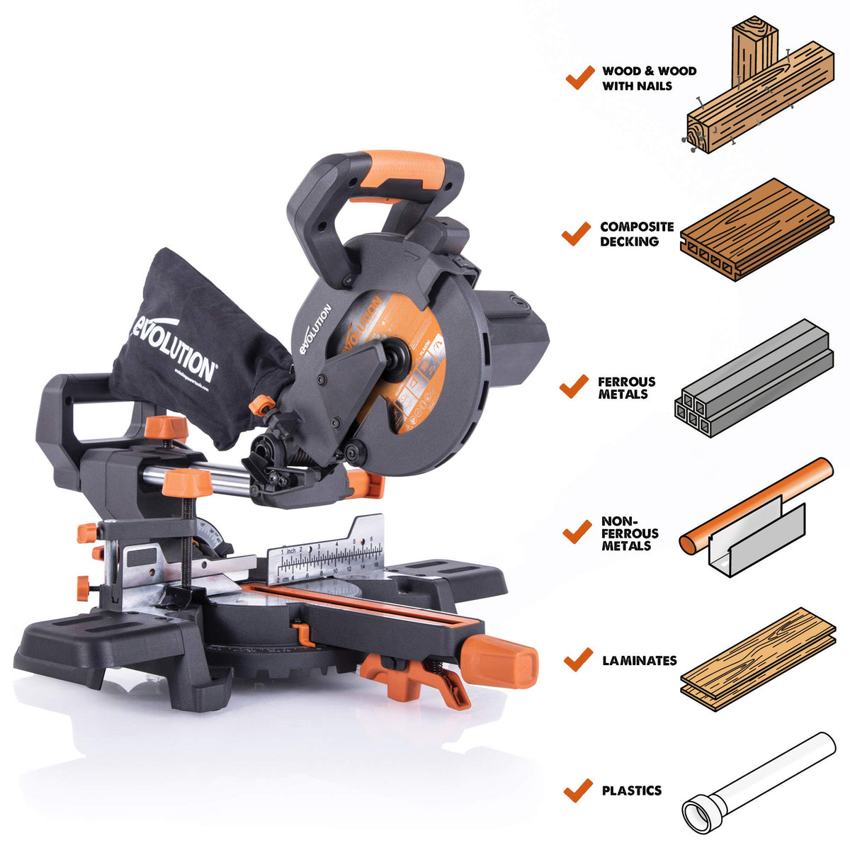 Evolution Power Tools R185SMS+ 7-1/4" Multi-Material Compound Sliding Miter Saw Plus