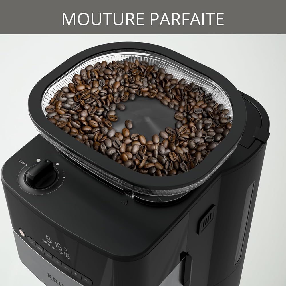 Krups Grind Aroma Cafetière filtre programmable, Broyeur à grains automatique intégré, Café grains ou moulu, 1,25 L, 10 tasses, Arrêt automatique, Ecran numérique KM832810, Noir : Cuisine et Maison