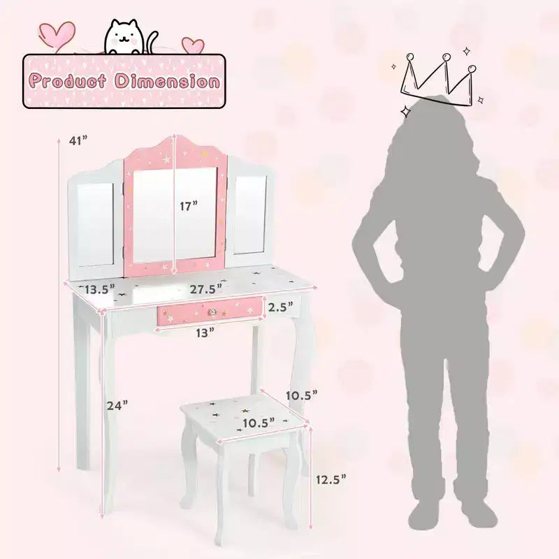 Coiffeuse enfant princesse, avec chaise et miroir triptyque