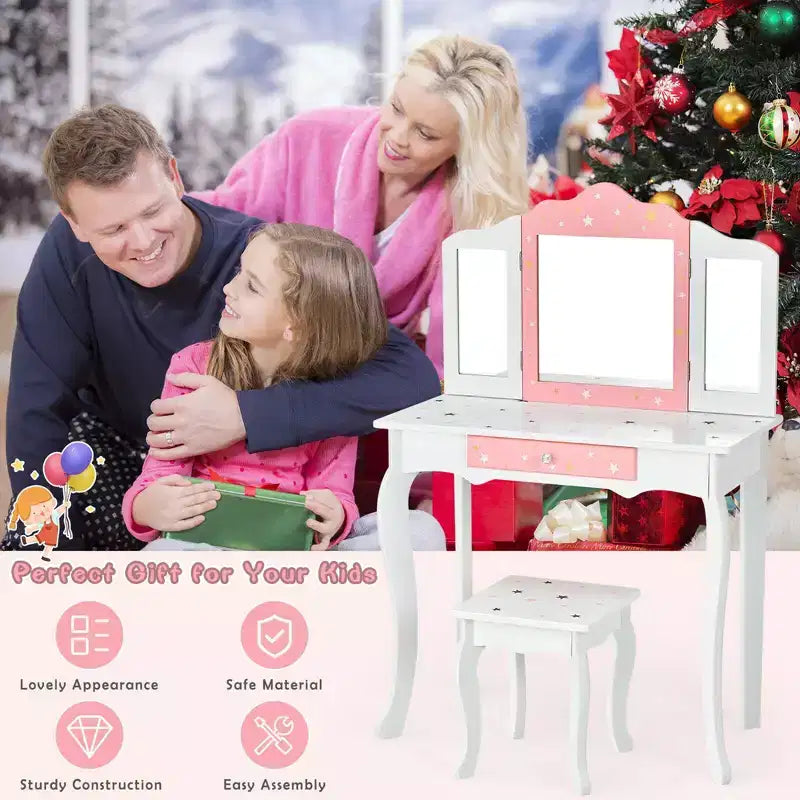 Coiffeuse enfant princesse, avec chaise et miroir triptyque