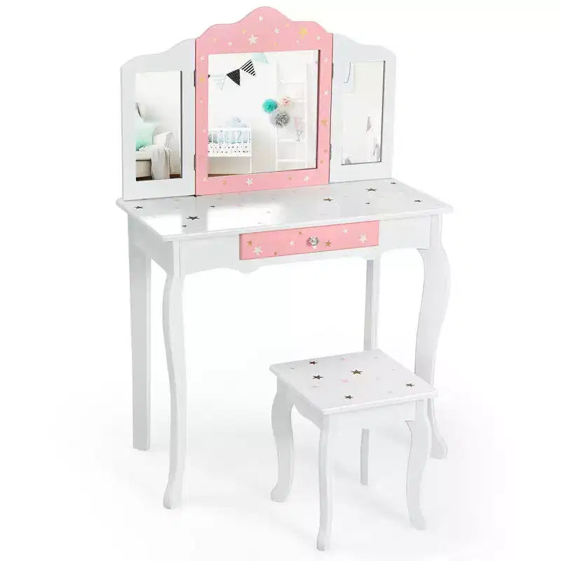Coiffeuse enfant princesse, avec chaise et miroir triptyque