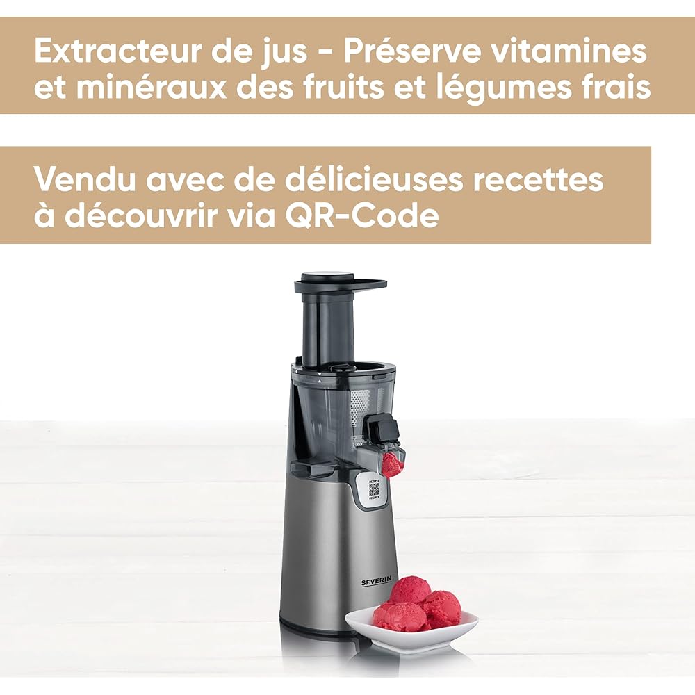 SEVERIN Slow Juicer - Centrifugeuse pour jus, sorbets, glaces, confitures et autres, presse-agrumes électrique en acier inoxydable, nettoyage facile, bac de récupération de 1L, 150 Watt, ES 3571 : Cuisine et Maison