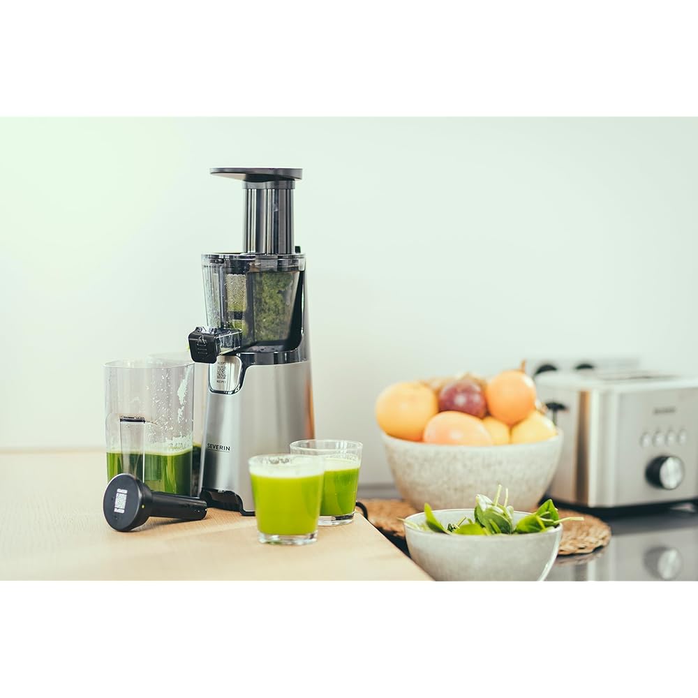 SEVERIN Slow Juicer - Centrifugeuse pour jus, sorbets, glaces, confitures et autres, presse-agrumes électrique en acier inoxydable, nettoyage facile, bac de récupération de 1L, 150 Watt, ES 3571 : Cuisine et Maison