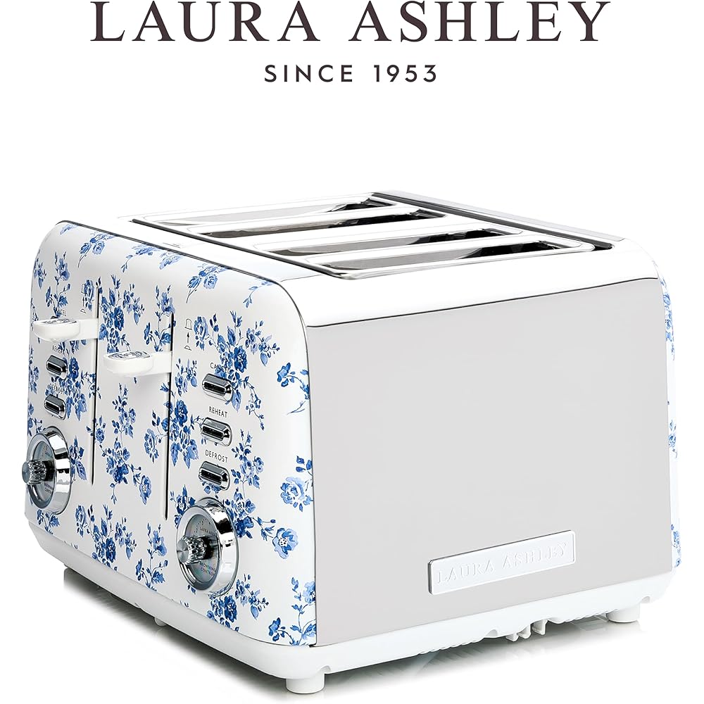 VQ Laura Ashley Grille-Pains 4 Tranches avec Modes de Chauffage, Décongélation et Réchauffage Réglables - Inox Grille Pain Vintage avec un Support de Réchauffage Pour Croissants - China Rose : Cuisine et Maison