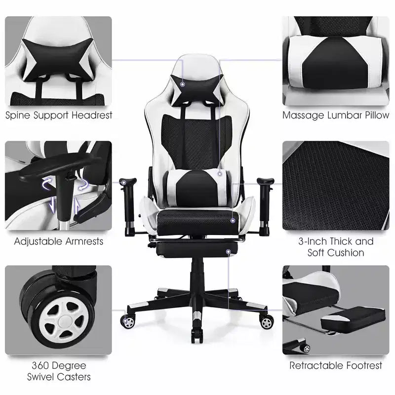 Costway Massage Gaming Chair Reclining Office Chair with Footrest White