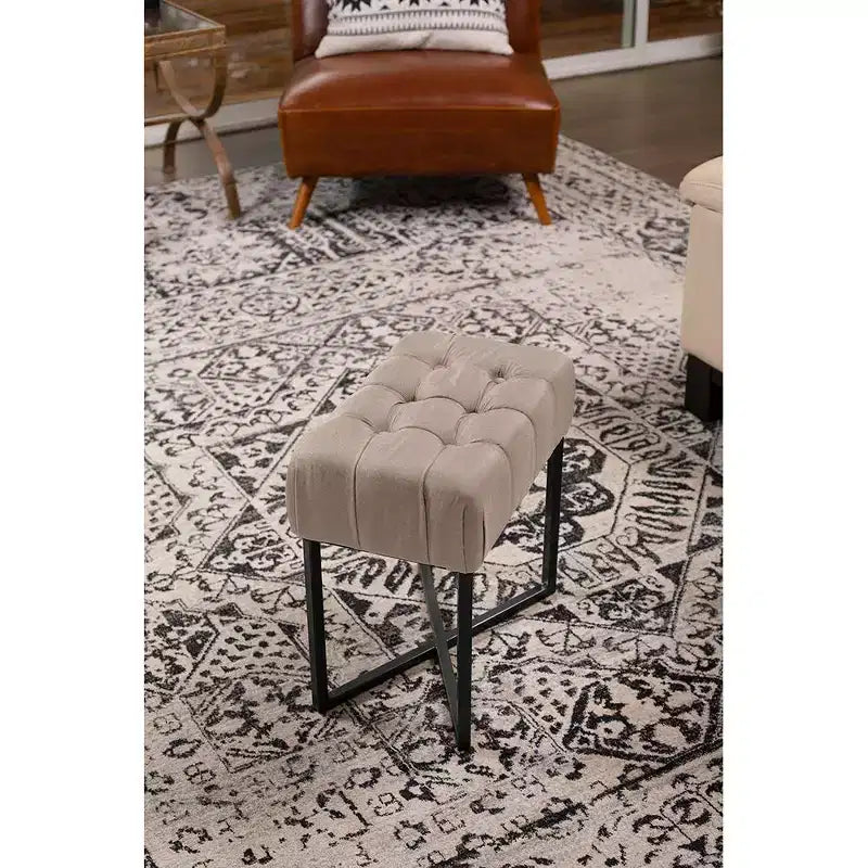 BirdRock Home Rectangular Tufted Beige Foot Stool Ottoman with Black Legs