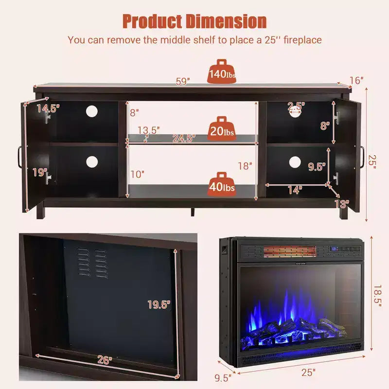 Costway 59'' Fireplace TV Stand W/ 25'' 1350W Electric Fireplace Heater Remote Control