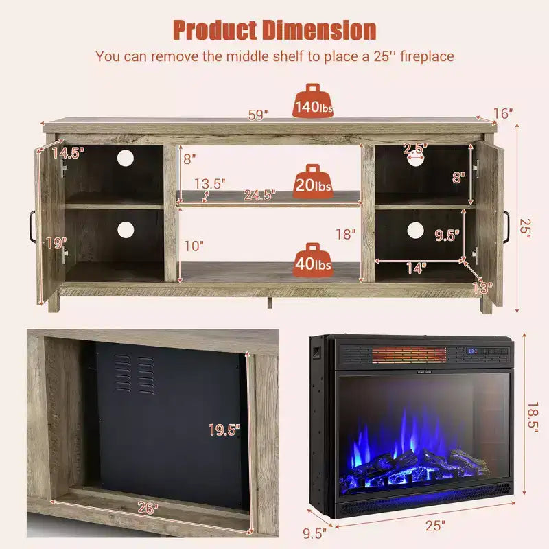 Costway 59'' Fireplace TV Stand W/ 25'' 1350W Electric Fireplace Heater Remote Control