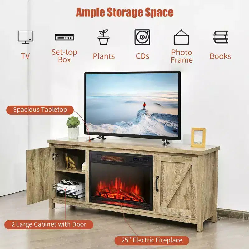 Costway 59'' Fireplace TV Stand W/ 25'' 1350W Electric Fireplace Heater Remote Control