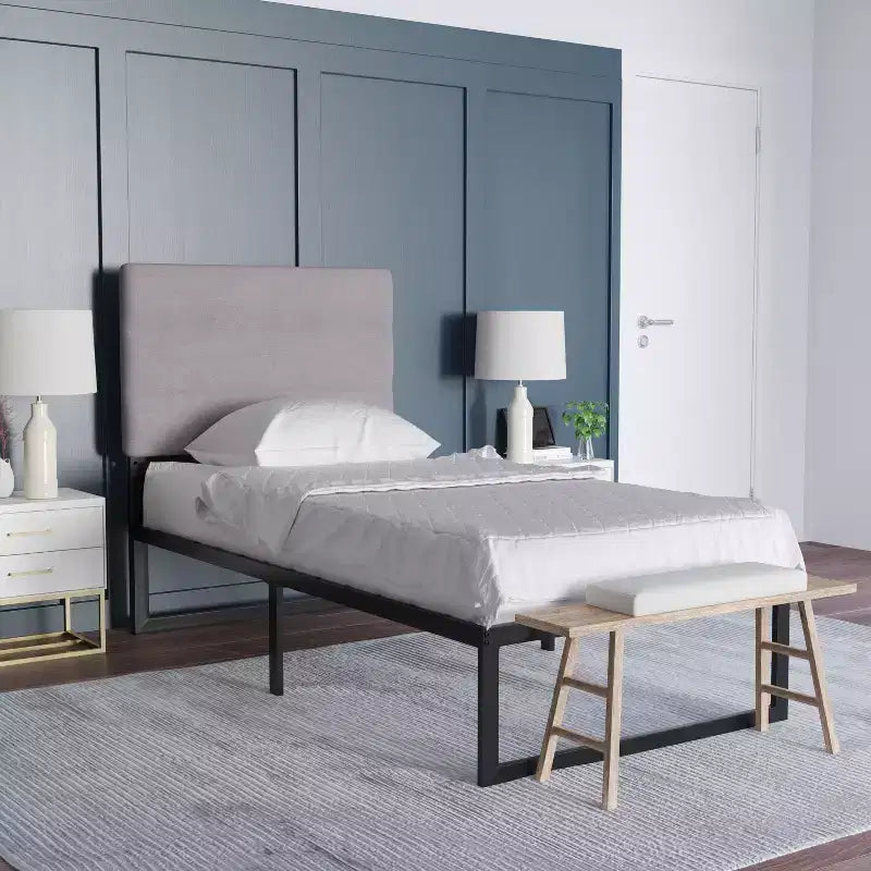 Emma and Oliver Modern Upholstered Headboard with Horizontal Line Stitching and Adjustable Height Rails