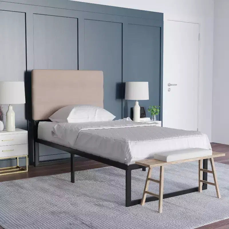 Emma and Oliver Modern Upholstered Headboard with Horizontal Line Stitching and Adjustable Height Rails