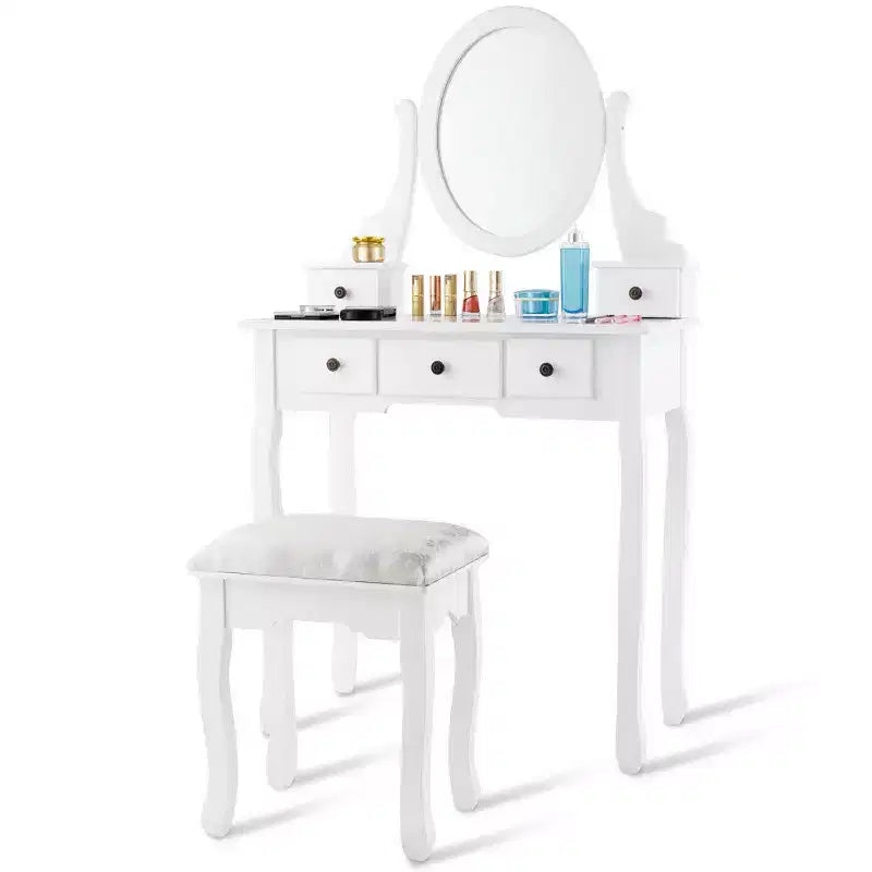 Costway Makeup Desk Vanity Dressing Table Oval Stool 5 Storage Drawers