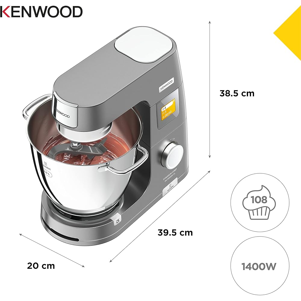 Kenwood Titanium Chef Patissier XL KWL90.034SI, Robot Patissier Balance Intégrée, Batteur K, Pétrin, Fouet, Batteur Souple, Deux Bols, Couvercle Anti-Projections, 1400W, Acier, Argent : Cuisine et Maison