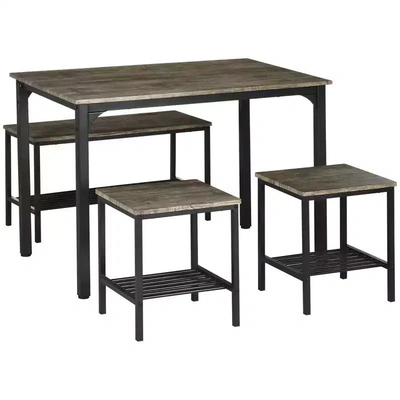 HOMCOM Industrial Dining Table Set, Kitchen Table and Chairs for 4, Dinner Table with Bench Set Metal Frame Storage Shelf, Dinette Set, Rustic Brown